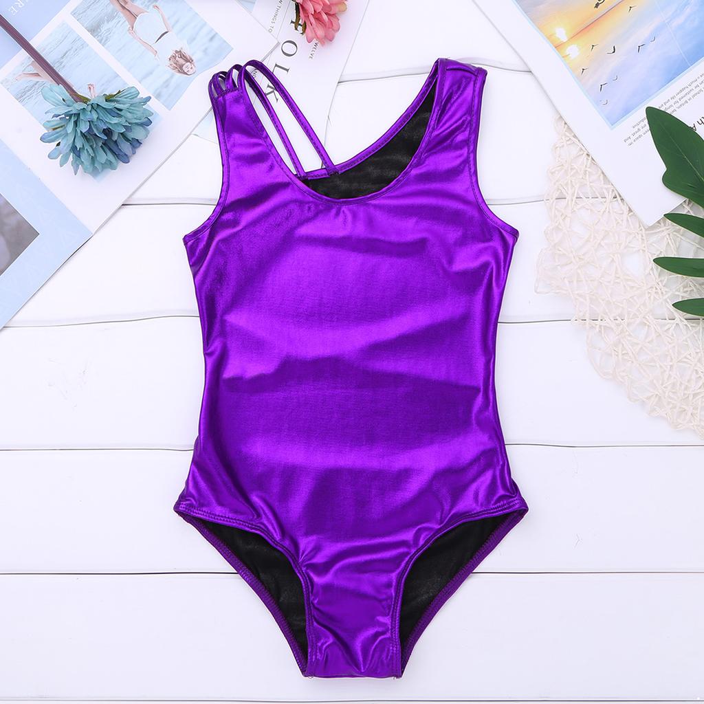 Kinder-Mädchen-Gymnastik-Trikot, athletisch, ärmellos, glänzend, metallisch, Ballett-Tanz-Trikot mit Shorts-Set