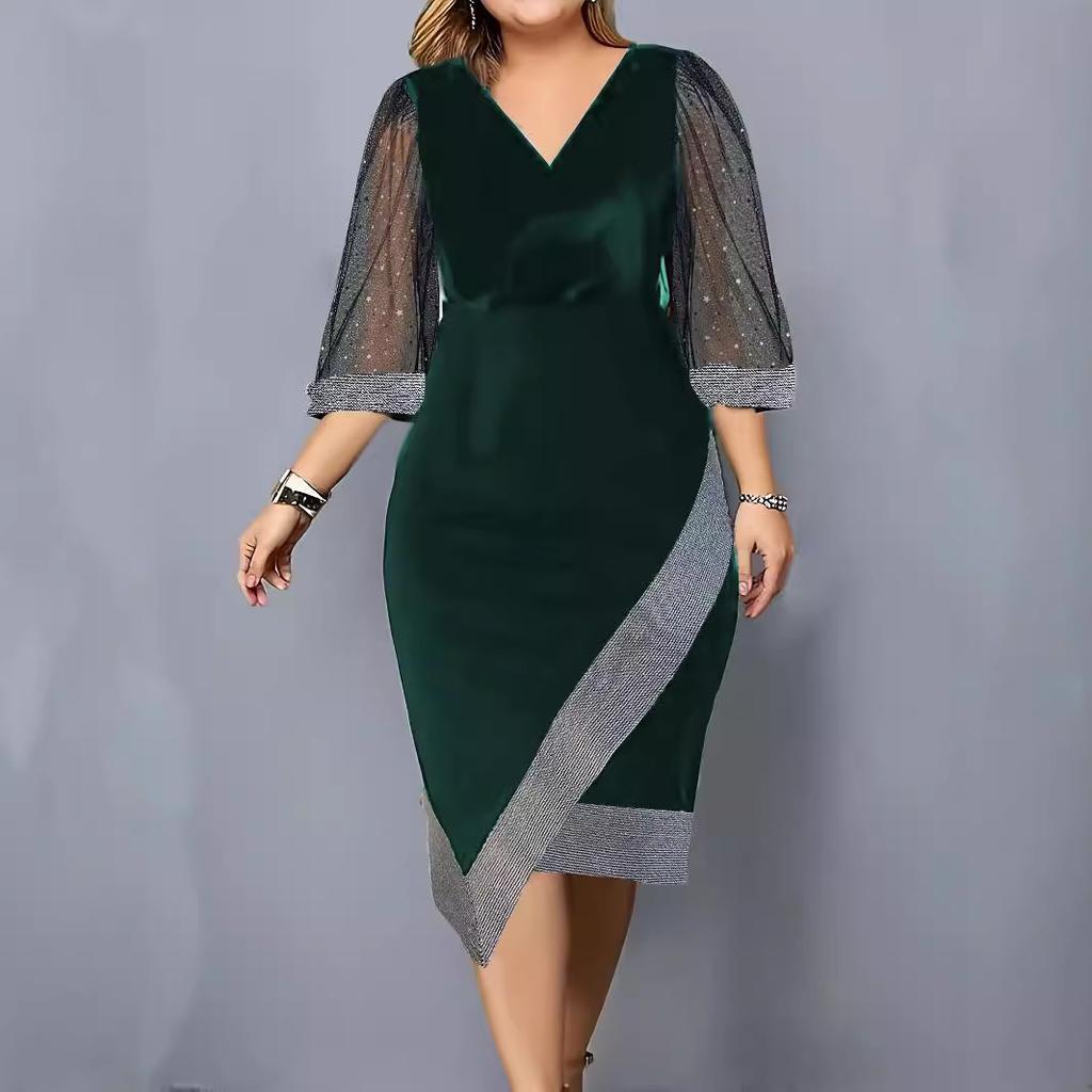 European and American new temperament commuter slim mesh splicing short-sleeved V-neck dress