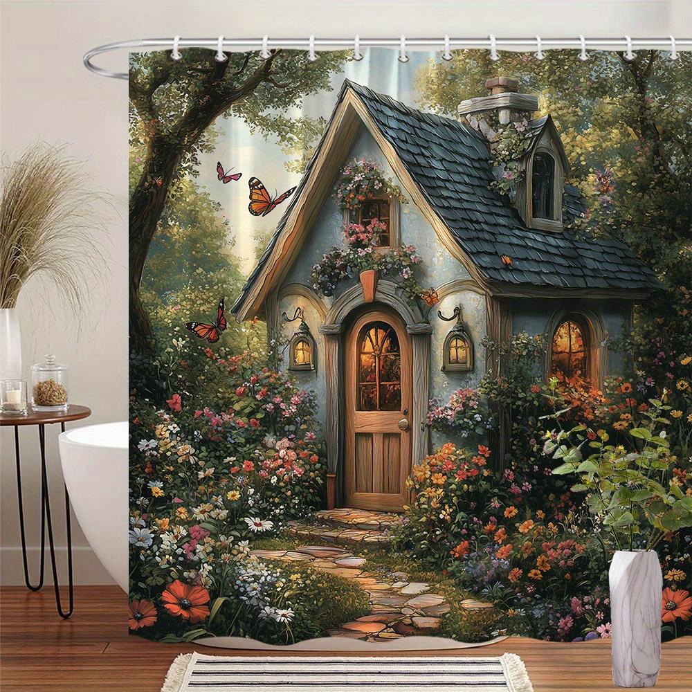 Pandara Jewelry Enchanted Cottage 3D Shower Curtain - Fairy Tale House & Garden Theme For Bathroom Decor, Adds Whimsical Charm And Beauty