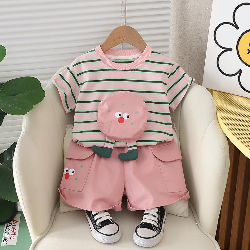 

Boys 2025 Summer Two-Piece Set: Short Sleeve & Bag 80cm розовый