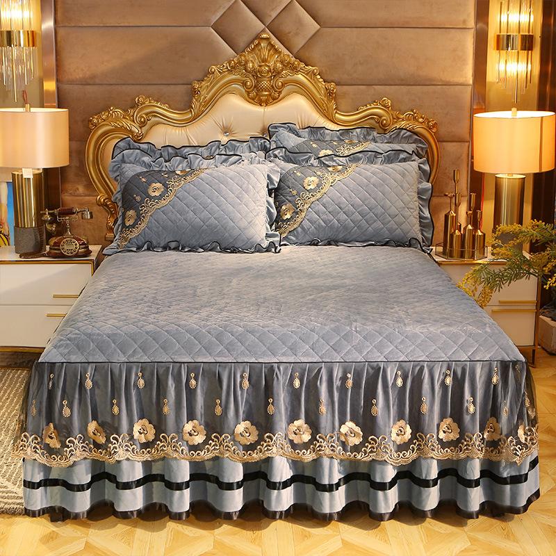 European-Style Crystal Velvet Lace Bed Skirt Winter Fleece-Lined Warm Quilted Bed Cover Bed Skirt Cover Bedding