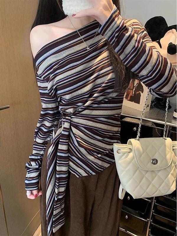 Chic Off-Shoulder Striped Tie-Up Asymmetrical Long-Sleeve T-Shirt for Women Medium
