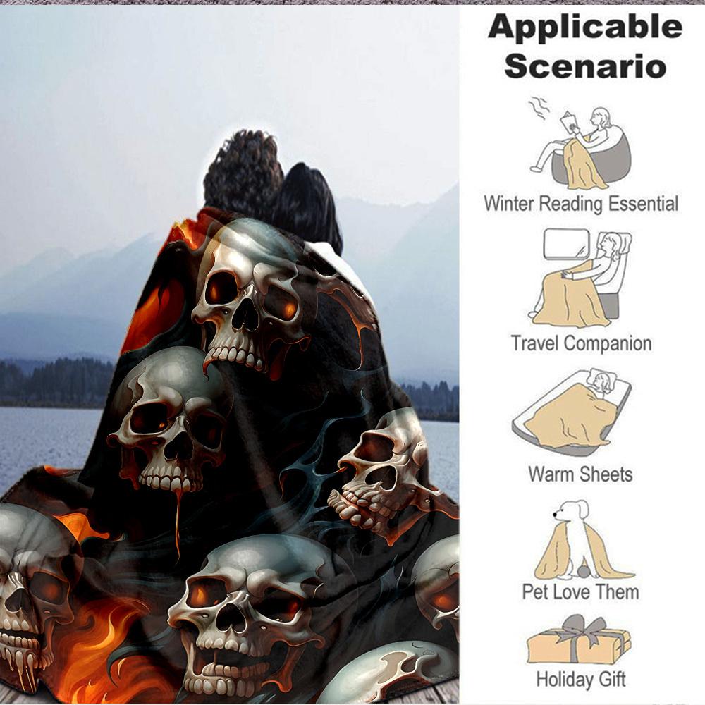 1pc Skulls Flames Lightweight Flannel Blanket, Comfortable and Warm Blanket, for Office and Camping Sofa Bed, Livingroom189