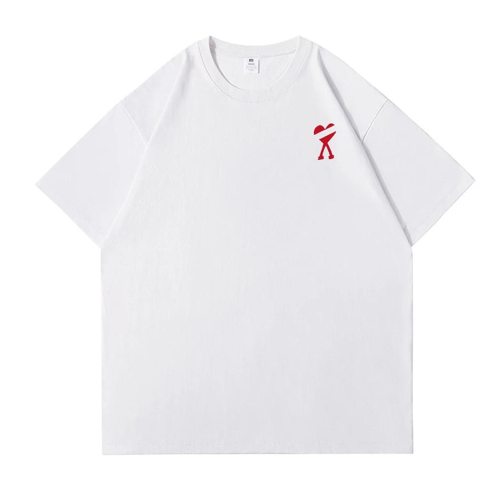 2D Pure Cotton High-quality Round-neck Korean Trendy Brand Red Heart-shaped Unisincter T-shirt for Both Men and Women