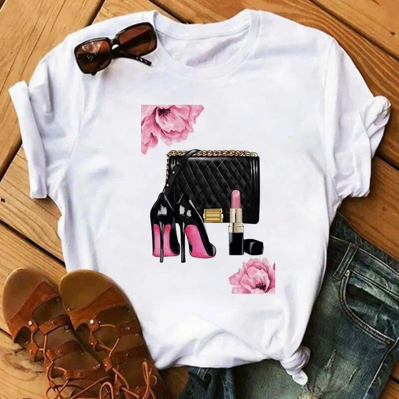 Maycaur Pinke High Heels Blumen Taschendruck T-Shirt Damen Trendy Hipster Harajuk Kawaii Kurzarm Oberteile T-Shirt Femme Kleidung Unisex