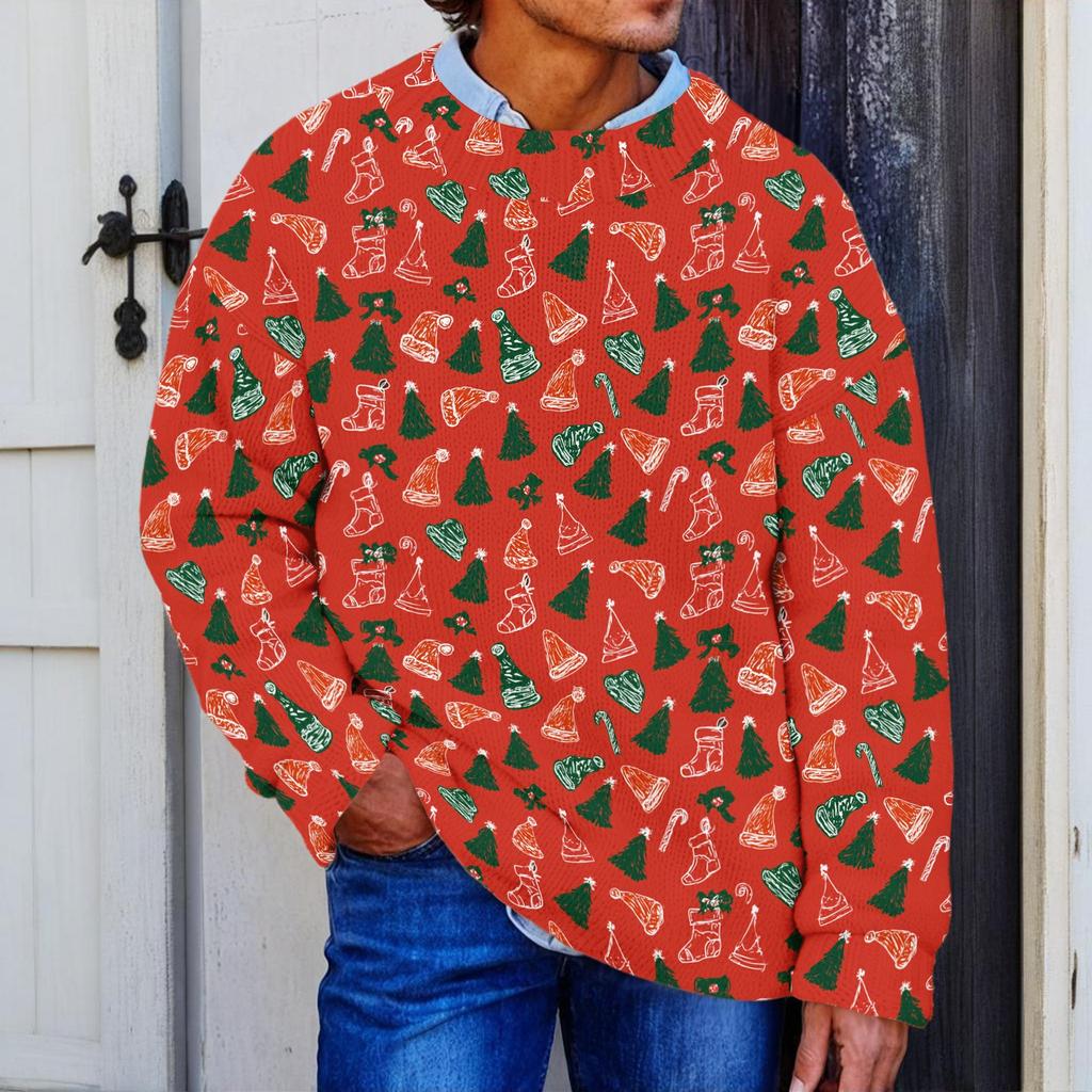Men's Christmas Print Knit Crewneck Sweater for Fall and Winter Holiday