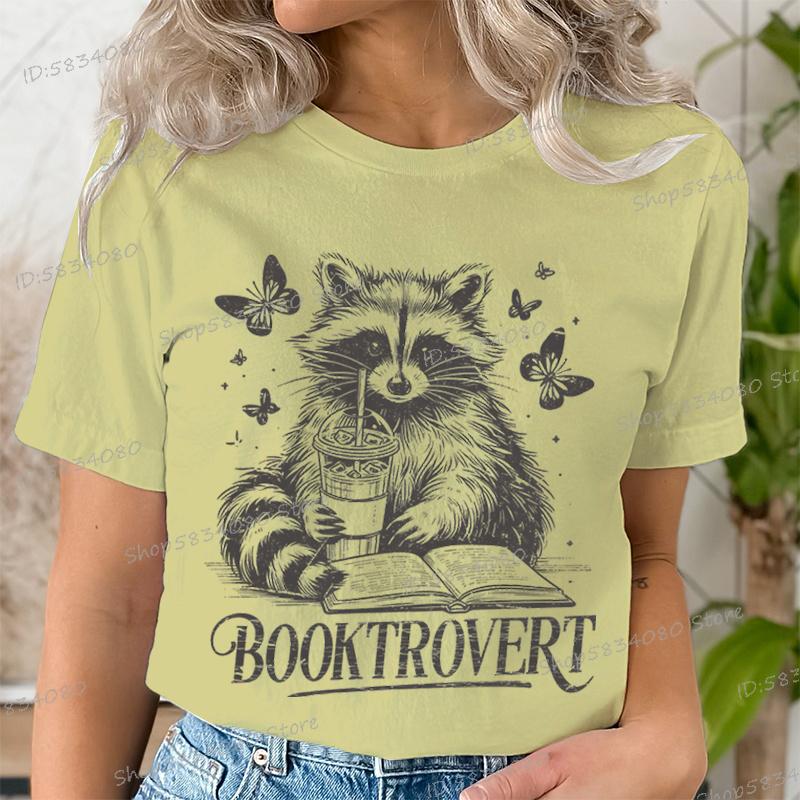 Funny Reading Raccoon Graphic T Shirts Women Booktrovert Essential Classic Tops Casual Book Lover Gift Tee Retro Bookish Clothes