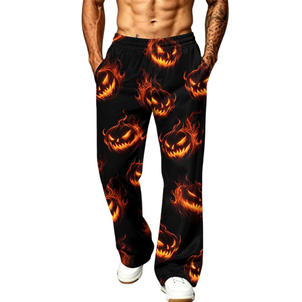 Men's Loose Wide Leg Cargo Jogger Pants with Pockets Halloween Print for Casual Outdoor Wear