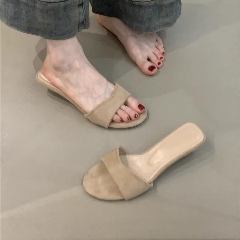 Niche design cool slippers summer French simple suede versatile open-toed wedge heel one-word sandals