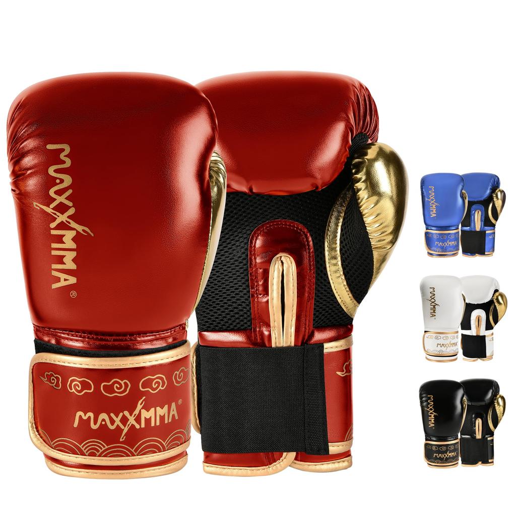 MaxxMMA Boxing Breathable Punching Gloves for and MMA Training Red Gloves, Kickboxing, MMA, (10oz, & Gold)
