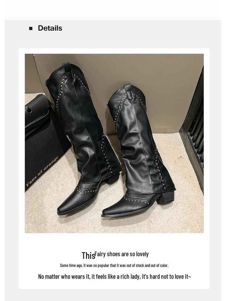 Damen Retro Cowboy Stiefel mit spitzer Zehenpartie - Herbst/Winter 2025 Klobiger Absatz, Kniehoher Reiterstil