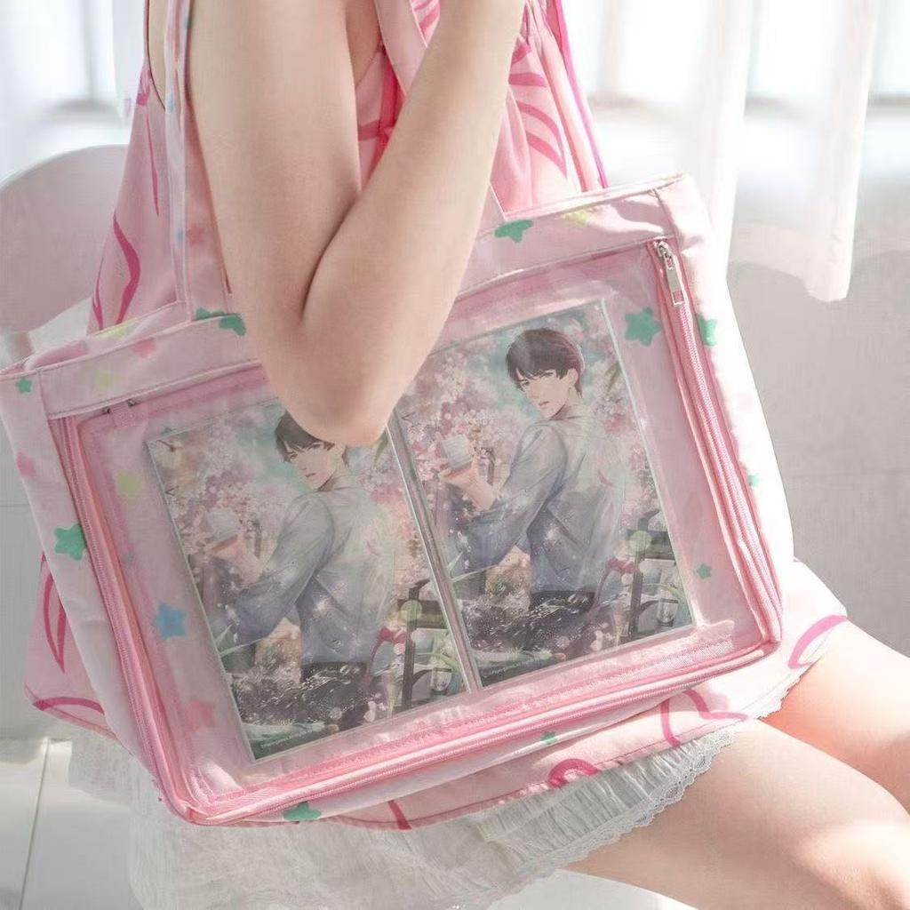 Large Capacity Ita Tote Bag with Clear PVC Window Shoulder Bag for Anime Perfect for Displaying Postcards Badges & Merchandise