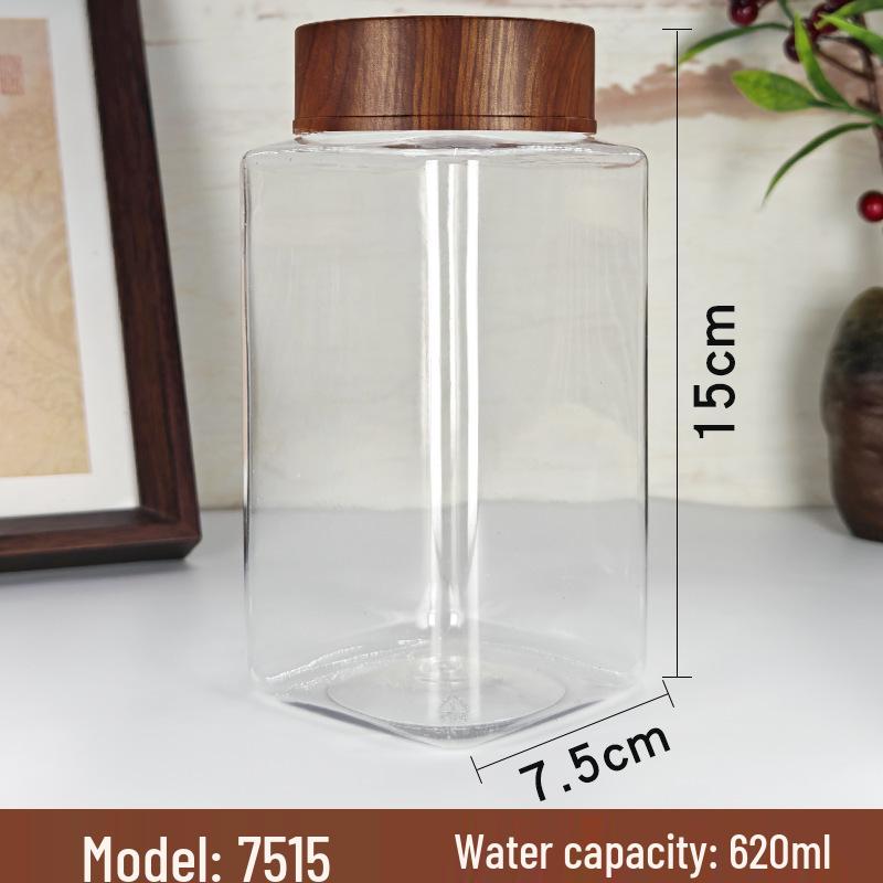 PET Plastic Storage Jar with Imitation Wood Grain Lid, High Transparency, Food Grade for Medicine, Herbs, Tea, Flowers, Grains, and Nuts.
