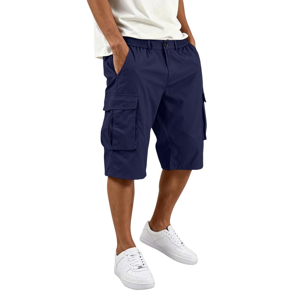 Herren Farbknopf Elastischer Bund Cargoshorts mit 6 Taschen für die Arbeit im Freien