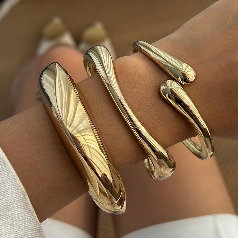 3 Styles Punk Vintage Wide Cuff Bangles Hip Hop Gold Silver Geometric Metal Spring Chunky Bangle Women Bracelets Jewelry