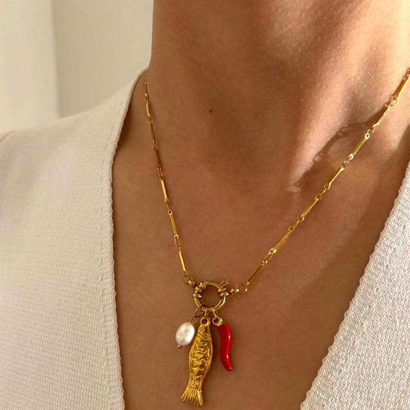 Natur Süßwasserperlen Emaille Chili Fisch Edelstahl Damen Anhänger Halskette Abnehmbar Modeschmuck Zubehör