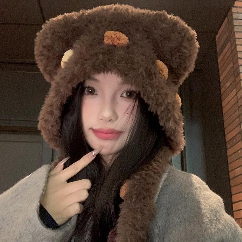 Bear Ears Plush Knitted Hat Female Winter Cute Face Small Warm Ear Protection Wool Hat Cold Lei Feng Hat