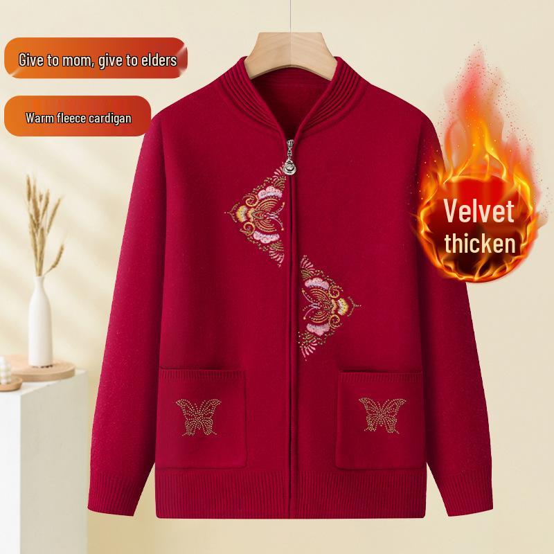 Elegant Embroidered Knit Zipper Cardigan for Middle-Aged & Elderly Women - Autumn/Winter Velvet Pullover