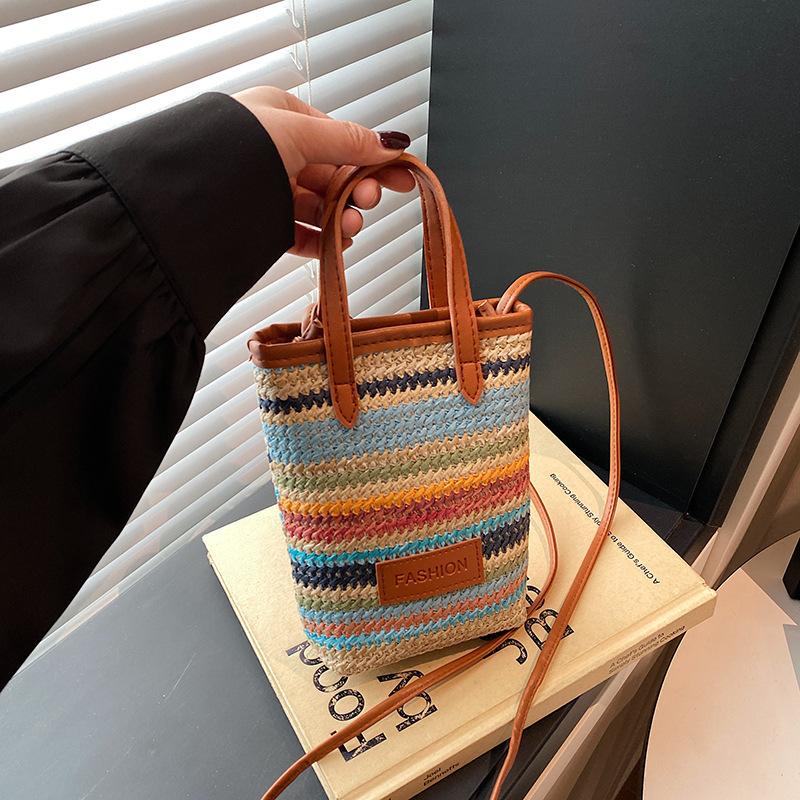 Korean version of the color striped new 2025 girls spring and summer trend fashion woven bag shoulder crossbody mobile phone bag
