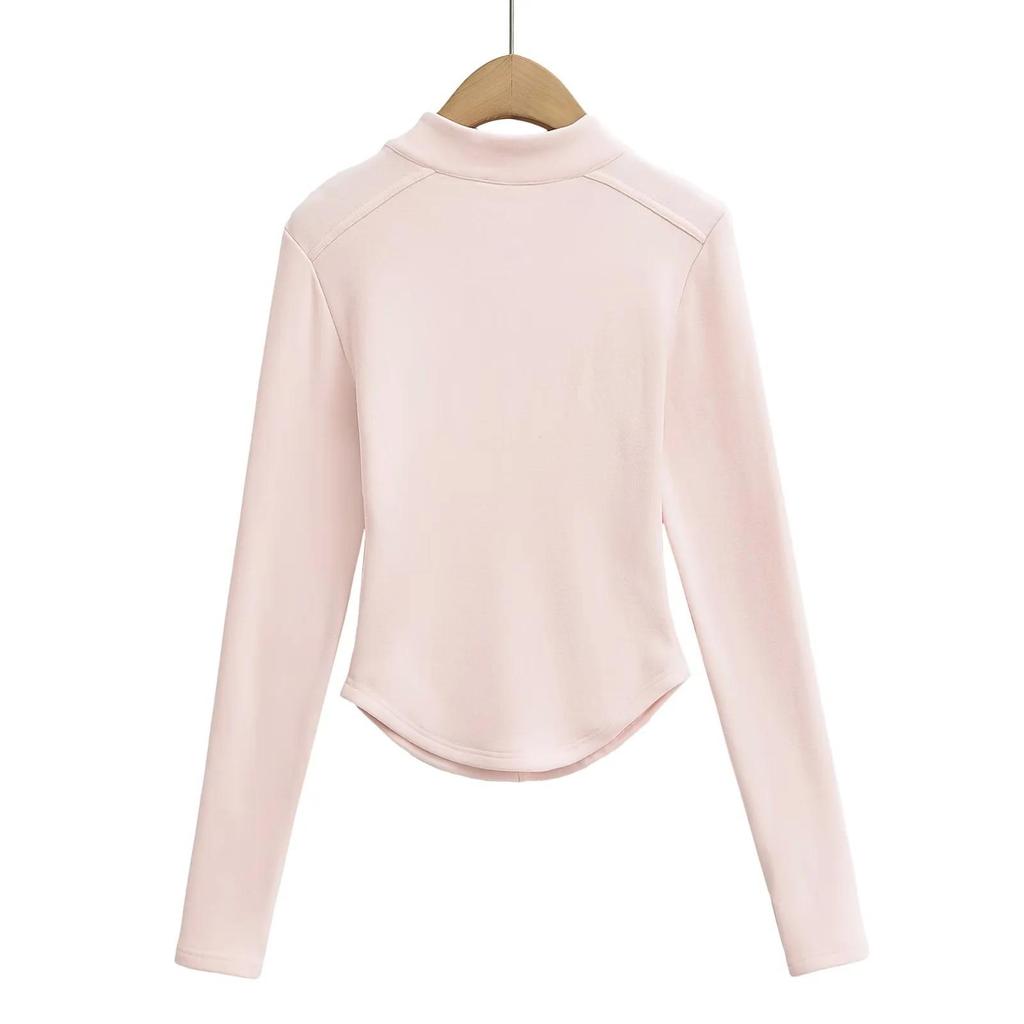 Spring 2025 Women's Small Waist Slimming Curved Velvet Half-Zip Long Sleeve T-shirt
