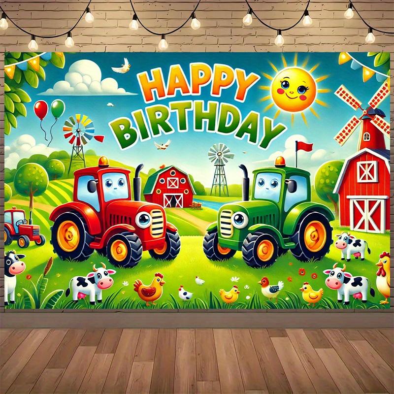 1 2D Bauernhof-Thema Geburtstagsparty Hintergrund - eine lebendige Traktor- und Scheunenszene aus Polyester