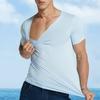 Herren Sommer T-Shirt Einfarbig Nahtlose Eis Seide V-Ausschnitt Kurze Ärmel Weich Atmungsaktiv Pullover Sport Business Casual Männer Büro Top