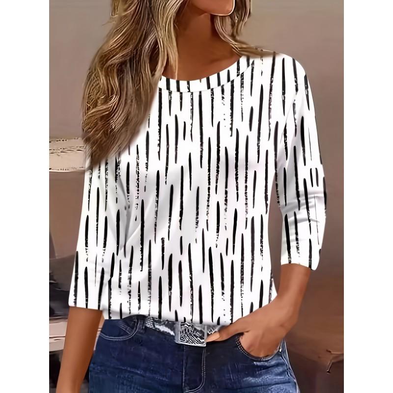 Womens Round Neck 3D Dinosaur Print Tee - Casual Fit 7/8 Sleeve 2025