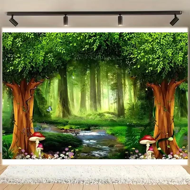 2D Enchanted Forest Mushroom Stream Backdrop Banner 47.2x31.5inch/120*80cm