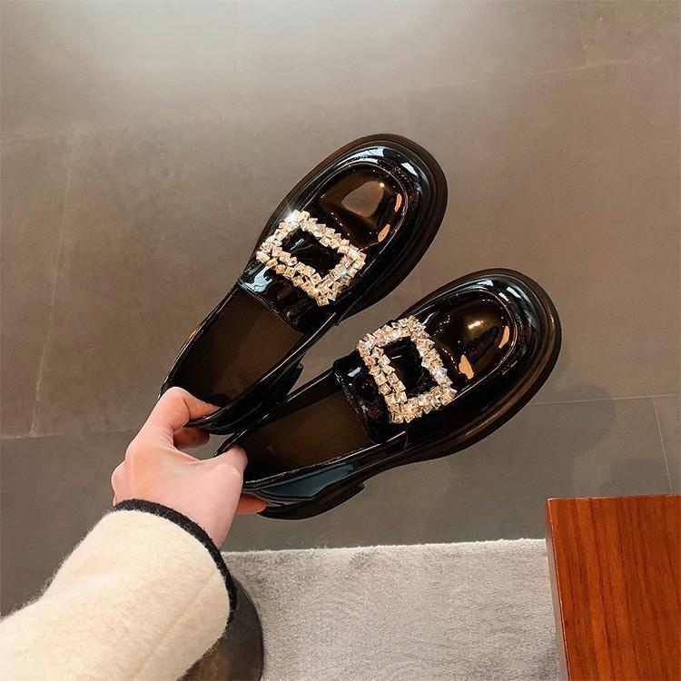 Sheepskin rhinestone square buckle loafers women's platform leather British small leather shoes lazy one pedal thick heel commuter shoes