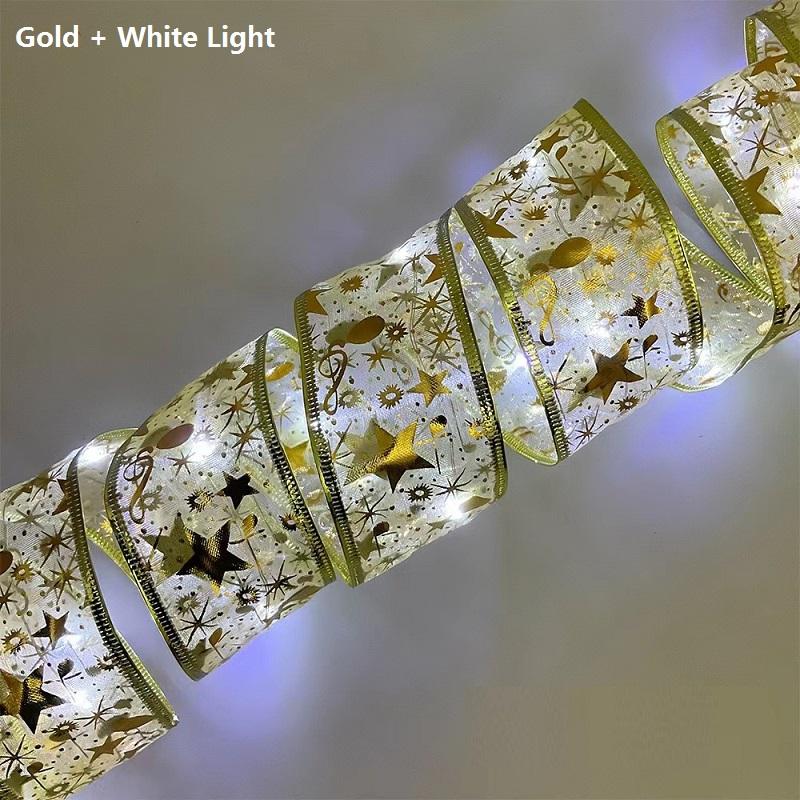 10M Christmas Light String Ribbon for Christmas Tree Decoration Double Layer Gold Stamping Luminous Ribbon Lamp Lace DIY Led Lights