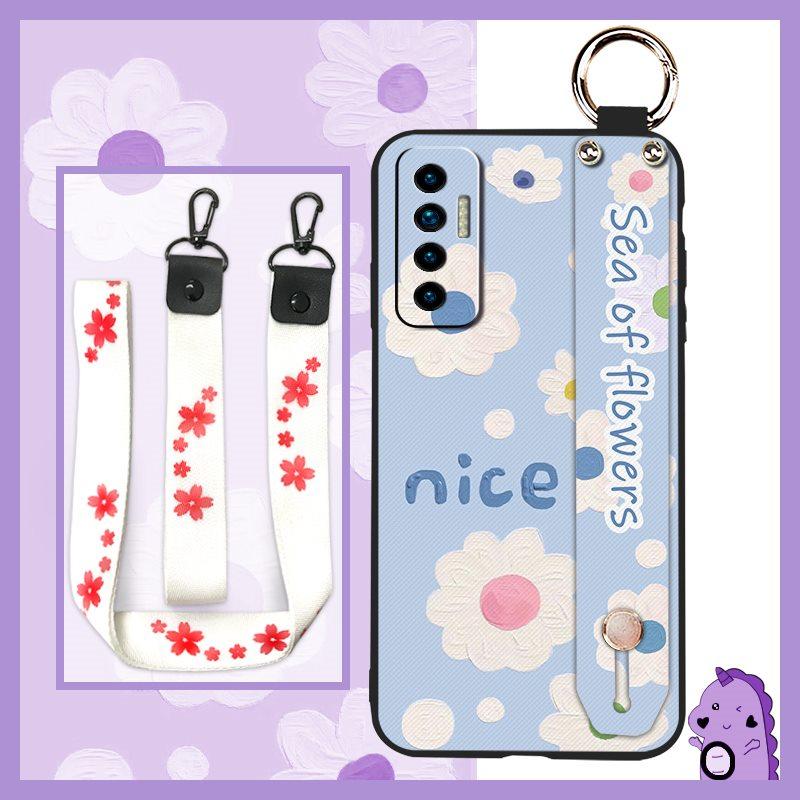 Durable Ring Phone Case For Tecno Camon17P Phone Holder Silicone Waterproof Dirt-resistant Flower Oil Painting Lanyard