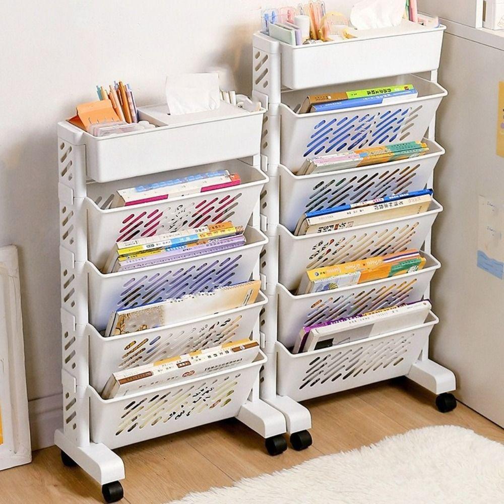 5/6 Layers Bookshelf On Wheels Large Capacity Book Storage Rack Movable Book Shelf  Student Use