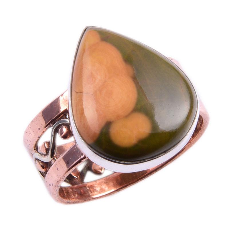 Natural Ocean Jasper Gemstone 925 Sterling Silver Two Tone Ring Size 7.5 P4y35