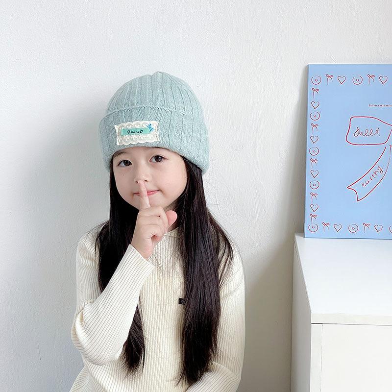 Children's Knitted Hat Lace Cloth Label English Embroidery Wool Beanie Autumn and Winter Warm Thickened Baby Ear Protection Hat