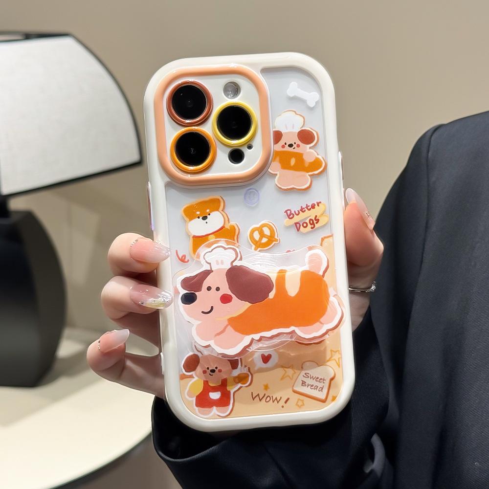 For Apple 16Promax mobile phone case with bracket iPhone15ins wind dachshund 13 cream case 11