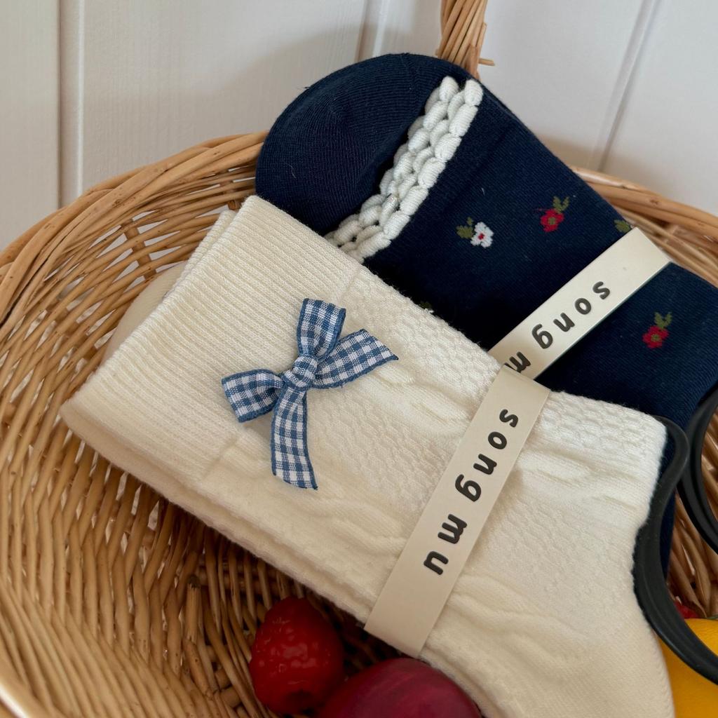 Songmu" Southern French Series Socks Mid-Tube Socks French Korean Bow Pile Cotton Socks Breathable