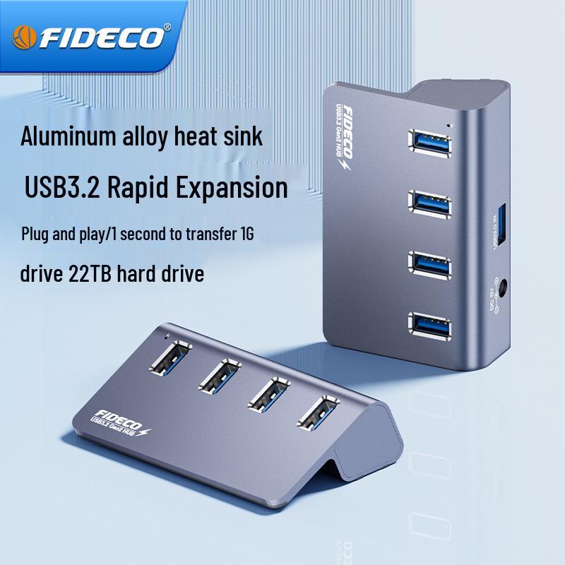 

FIDECO USB 3.2 4-Port Hub Splitter for Laptop/Desktop. Black Aluminum with Power Supply