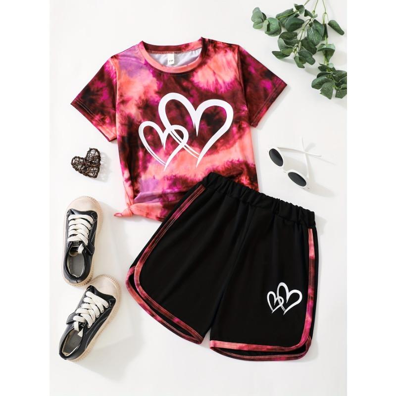 

Girls Big Kids Fashion Casual Heart Print Trendy Shorts Set, for Outdoor 100