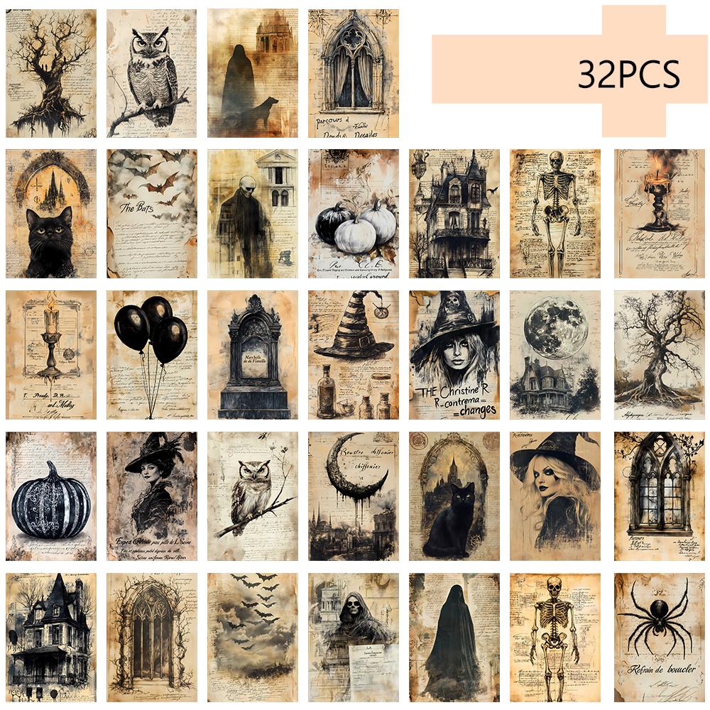 

32pcs, vintage horror postcards, Halloween, skeletons, wolves, birthday/anniversary gifts, collectible, giftable, and mailable