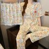 Pajamas Women's Summer New Cartoon Full of Thin Imitation Cotton Sweet Lotus Leaf Edge Short-sleeved Loungewear Three-piece Set