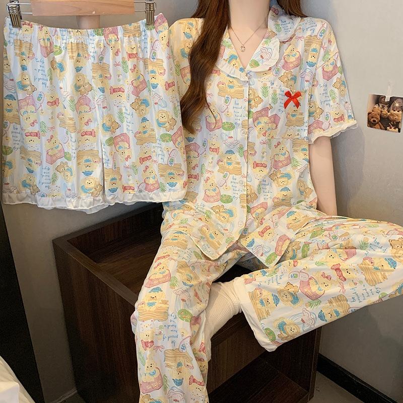 Pajamas Women's Summer New Cartoon Full of Thin Imitation Cotton Sweet Lotus Leaf Edge Short-sleeved Loungewear Three-piece Set
