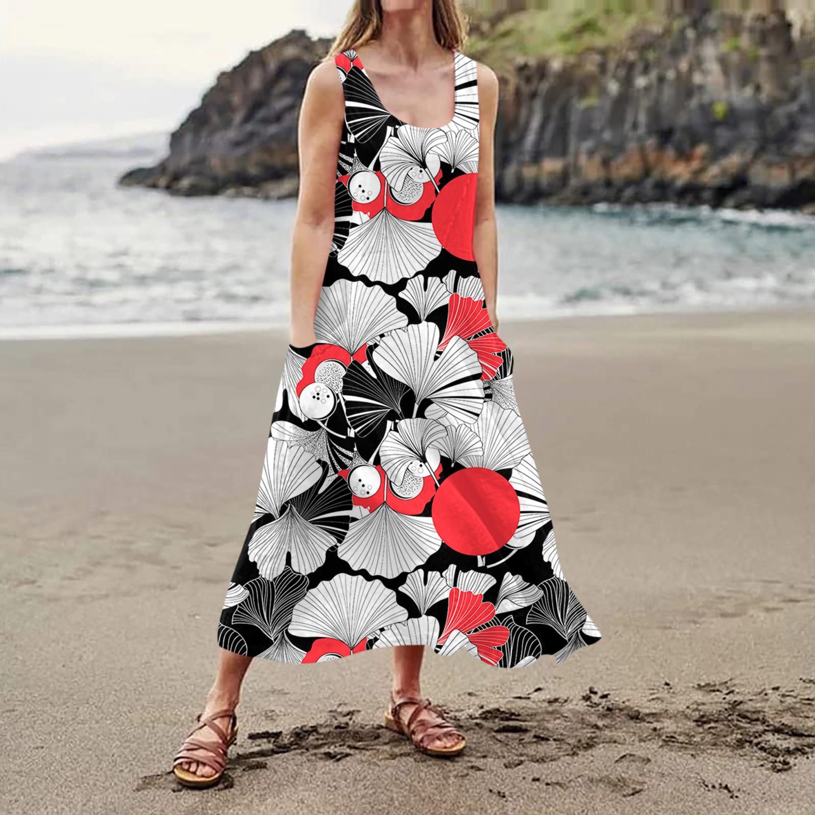 

Жіноча повсякденна зручна бавовняна сукня з кишенями без рукавів із квітковим принтом XL білий