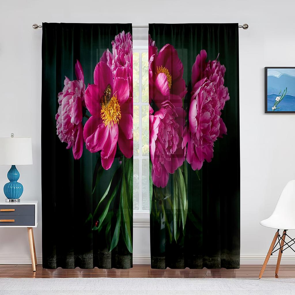 Tüllvorhänge mit rosa Pfingstrose und grünen Blättern für Wohnzimmer, Heimdekoration, Fenstervorhang, Küche, transparenter Voile-Vorhang