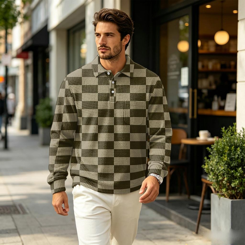 Men's Fall Casual Outdoor Knit Pullover Long Sleeve Collared Top with Pocket, Printed