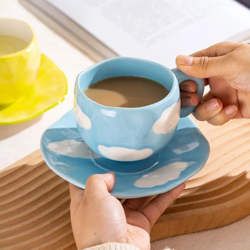 12 Styles Creative Cute Ceramic Mug Espresso Coffee Cup with Saucer Hand Pinched Irregular Flower Clouds Breakfast Milk Tea Cups