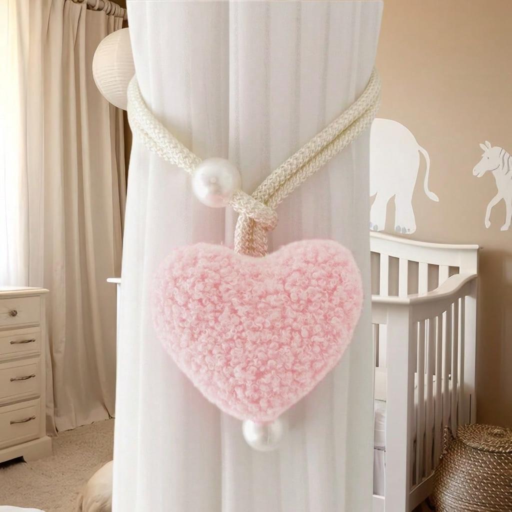 Fluffy Heart-Shaped Pearl Window Curtain Tie Back, Decor Mosquito Net Rope, Door Curtain Coffee Curtain Sun Shade Tiebacks, Christmas Red