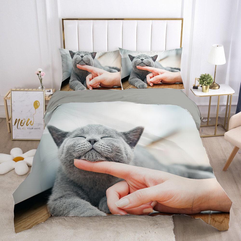 Cat Quilt Cover Package Lovely Animal Kitten Printed Quilt Cover Kids Teens Girl Animal Full Size Queen Dimension King Size Size Polyester Bed Cover
