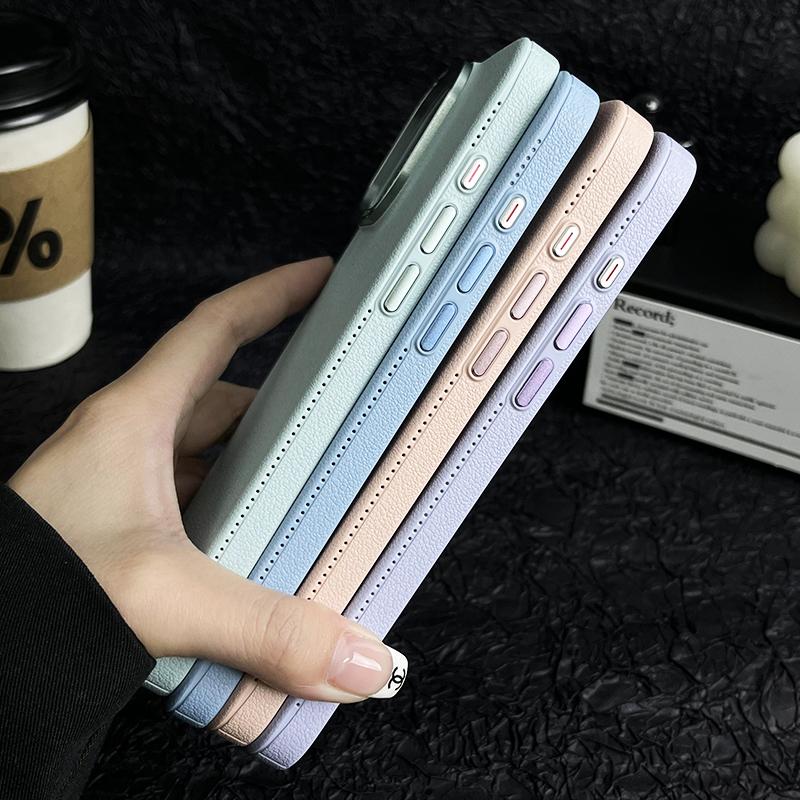 Matte Titanium gray Lichee leather pattern phone case for iPhone 16 15 14 13 12 11 Pro Max metal lens frame shockproof hard case