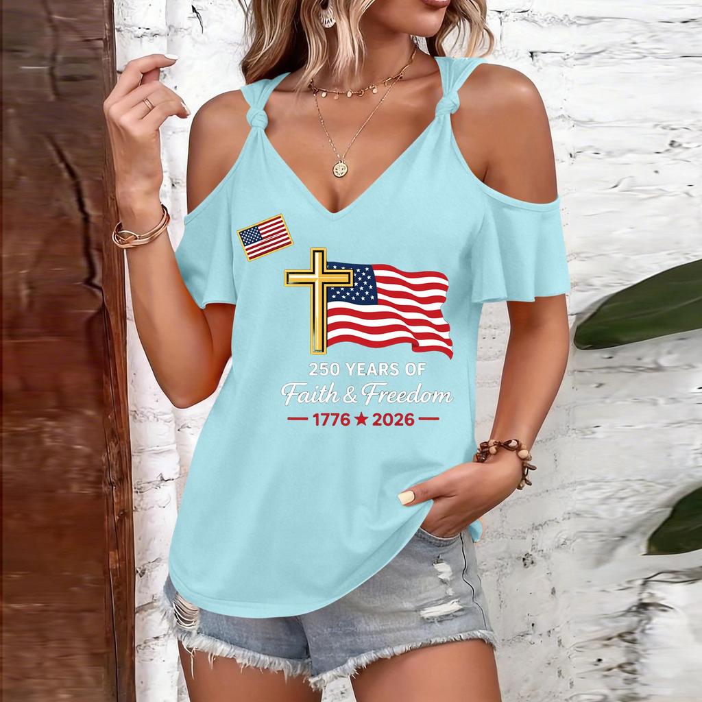 T-shirt décontracté pour femme à manches courtes et épaules dénudées avec imprimé Jour de l'Indépendance, col rond, coupe ample