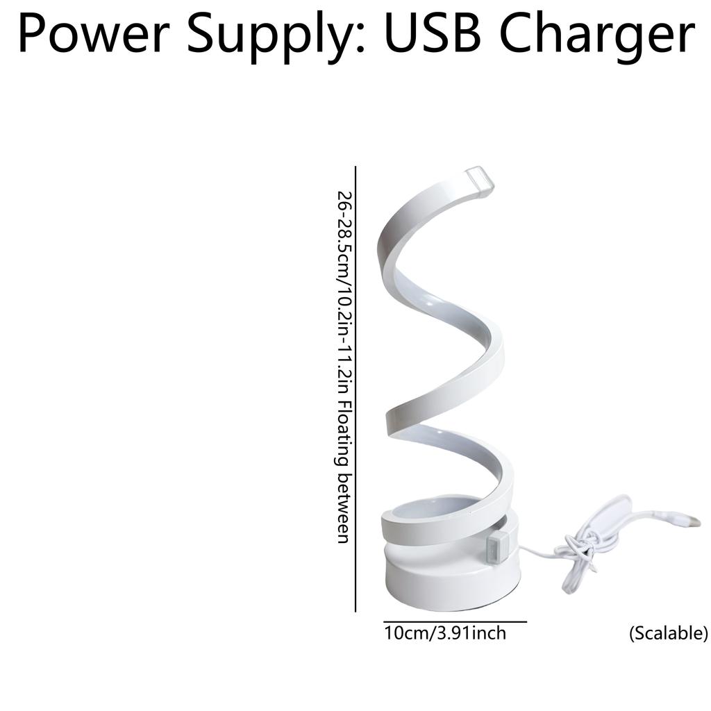 A modern, elegant white spiral desktop lamp, powered by USB with three-color dimming, suitable for various types of rooms.